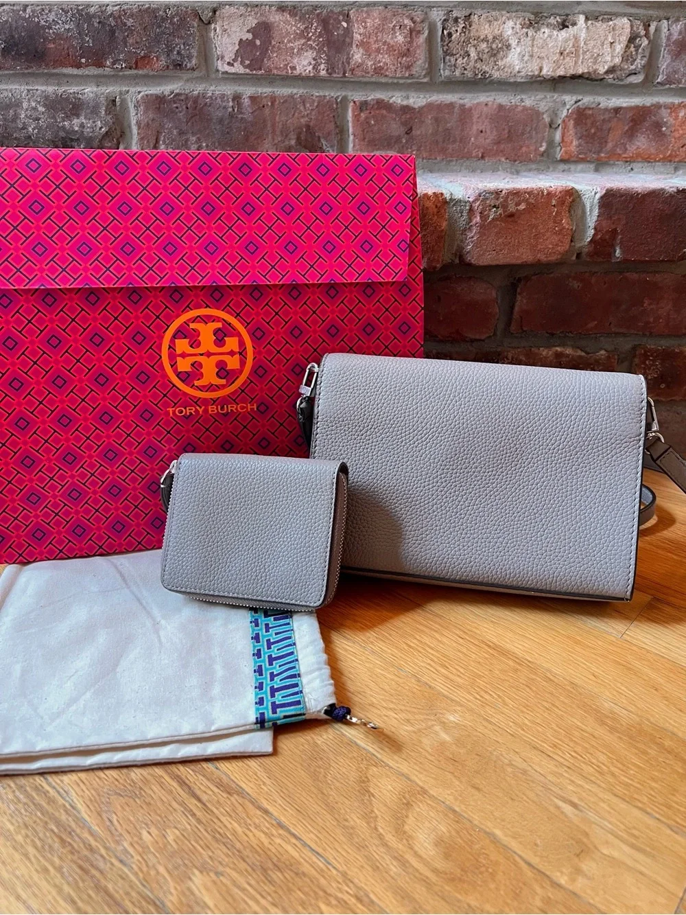 Tory Burch French Gray Leather Britten Combo Crossbody Bag & Bifold Wallet Set